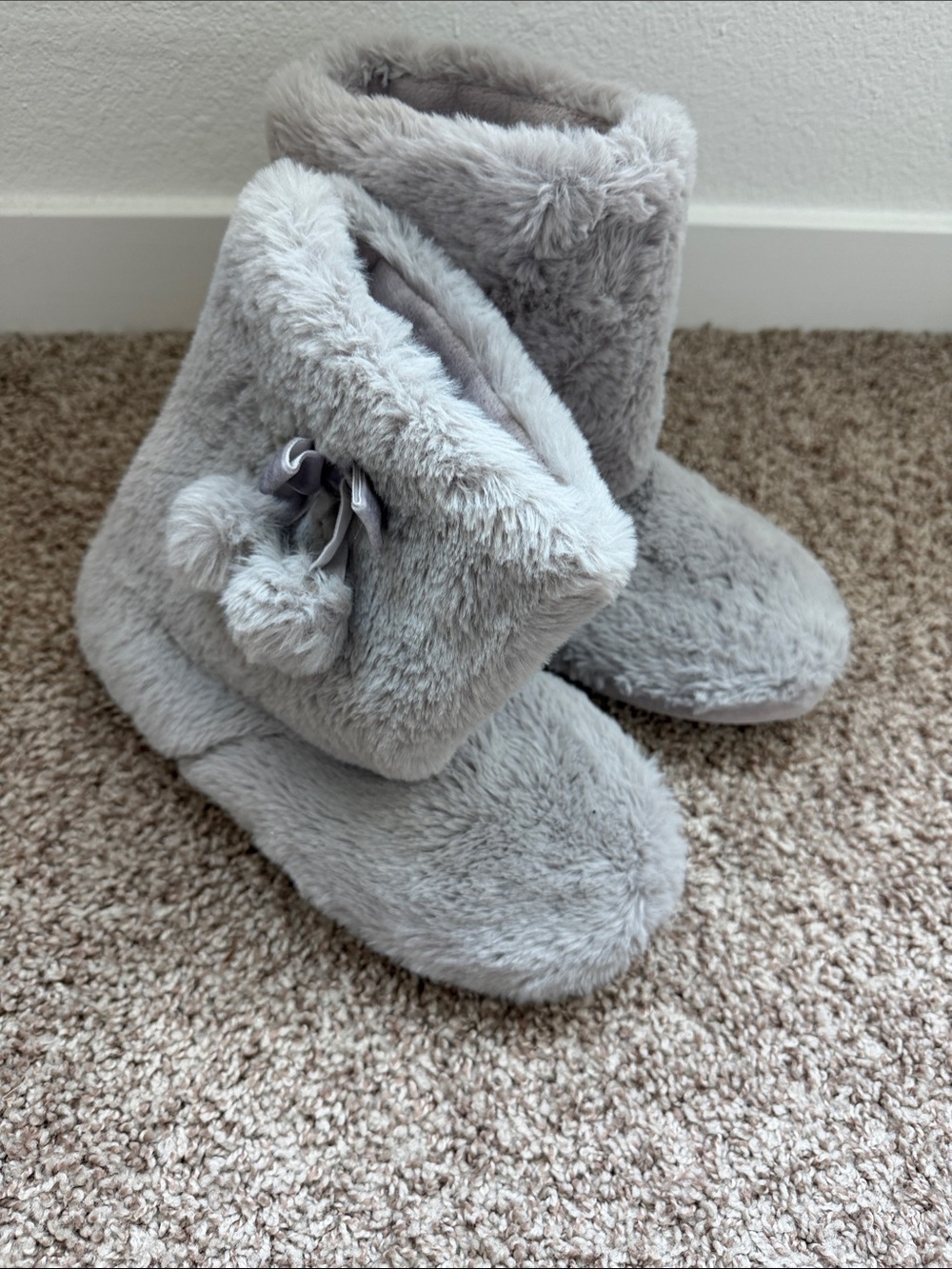 Cozy Plush Grey Fuzzy Slipper Boots with Pom Detail